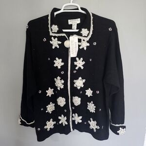 Vtg NWT Arriviste Cardigan Sweater 1X Black White Embroidered Beaded Snowflake